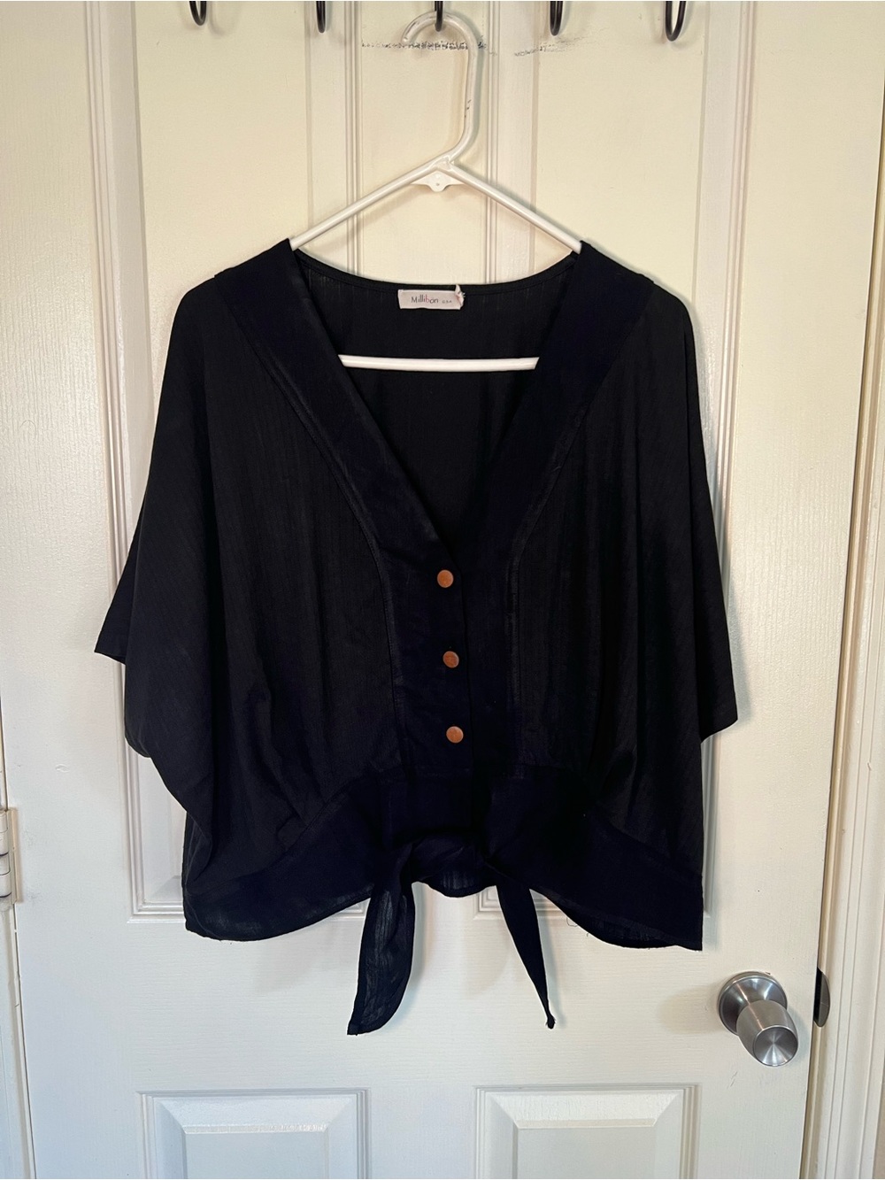 Millibon Black Tie Front Kimono Blouse Dolman Sleeve Boho Top Medium